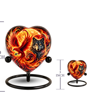 Heart Shaped Wolf and Phoenix Urn for Ashes, Personalized Fantasy Cremation Urn