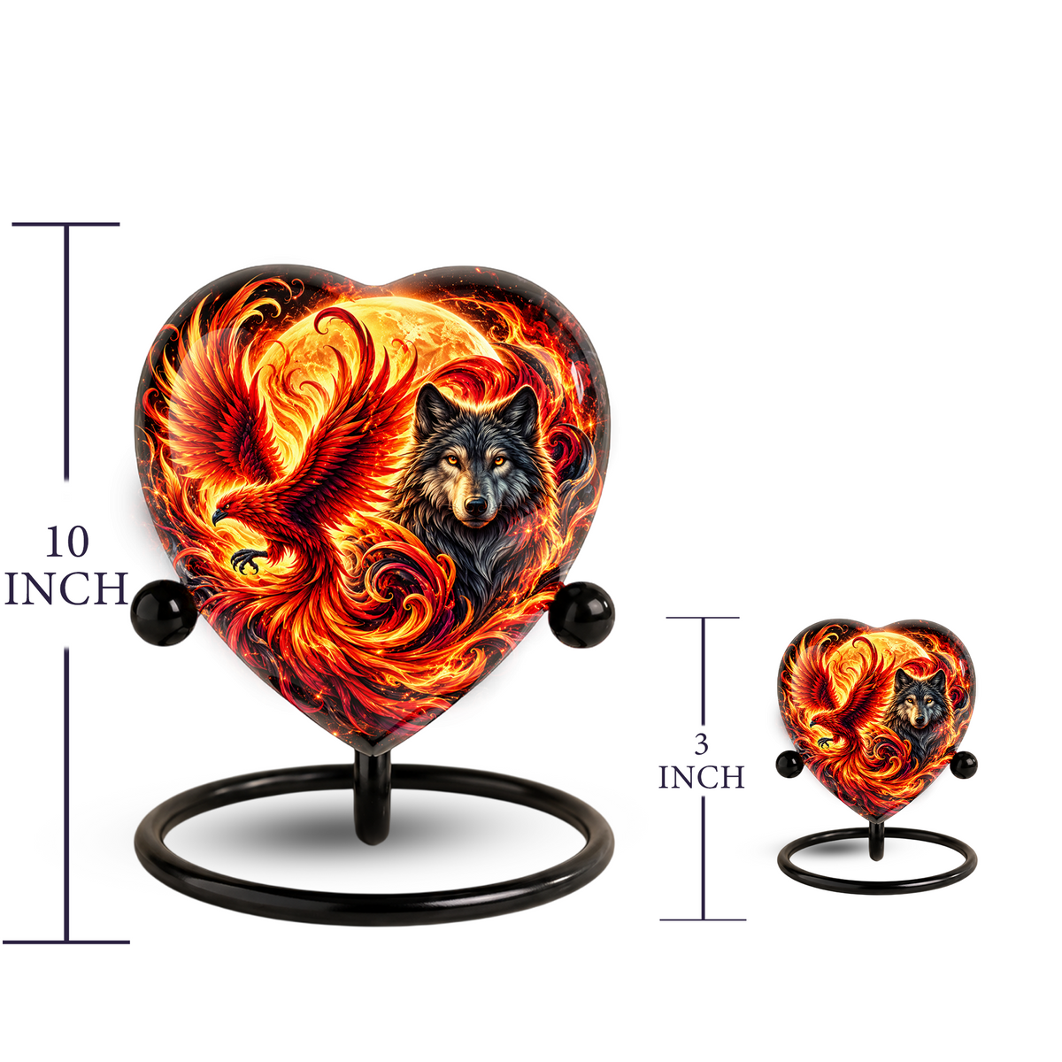 Heart Shaped Wolf and Phoenix Urn for Ashes, Personalized Fantasy Cremation Urn