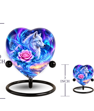 Heart Shaped White Wolf Urn for Ashes, Pink Rose Cremation Urn, Aurora Borealis Wolf Memorial Urn