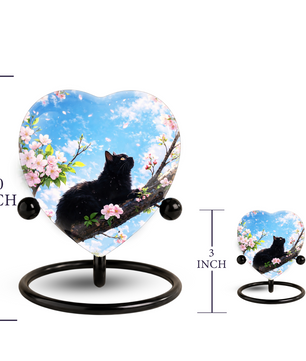 Black Cat Cherry Blossom Heart Memorial Urn – Personalised Cat Urn for Ashes,Cat Memorial Keepsake