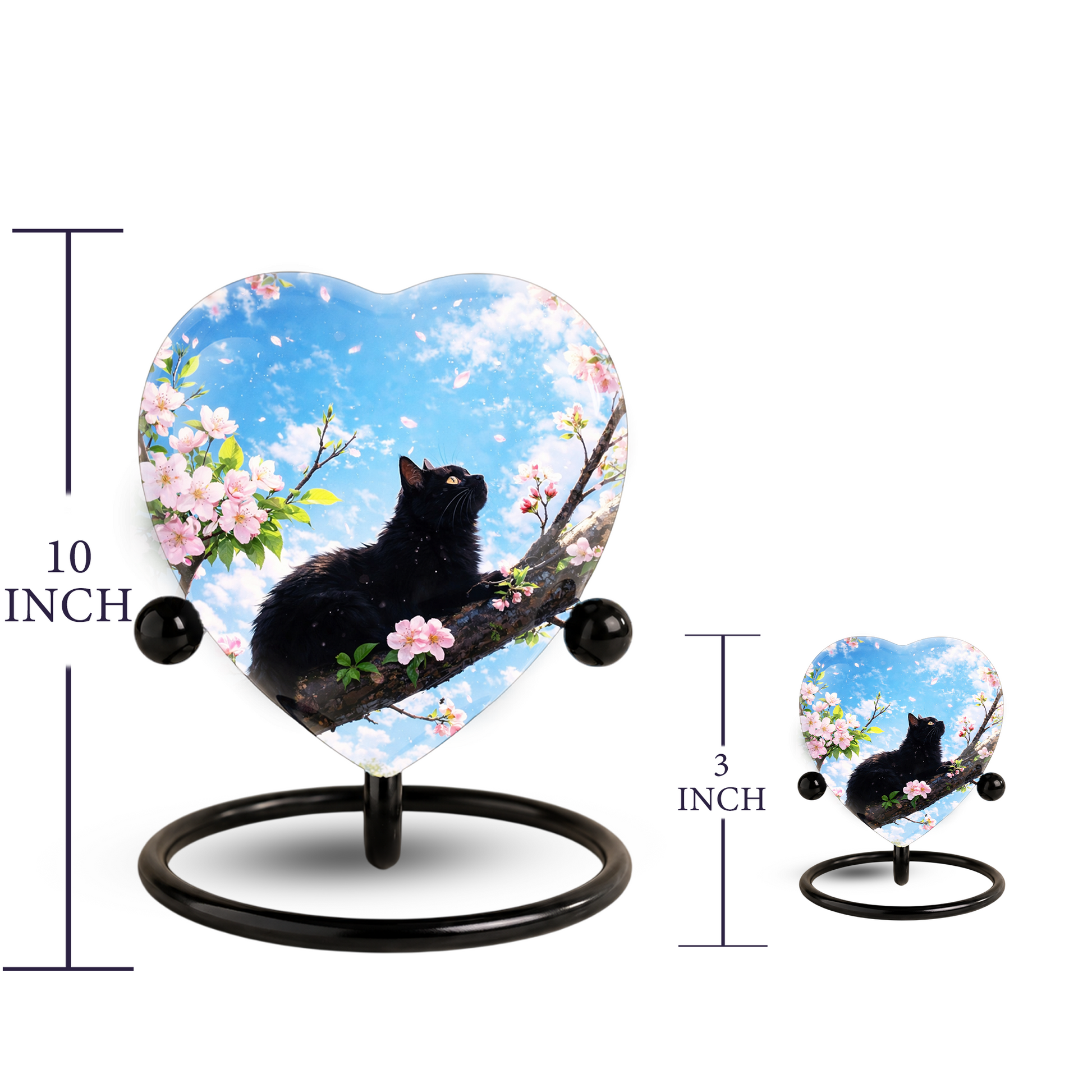 Black Cat Cherry Blossom Heart Memorial Urn – Personalised Cat Urn for Ashes,Cat Memorial Keepsake