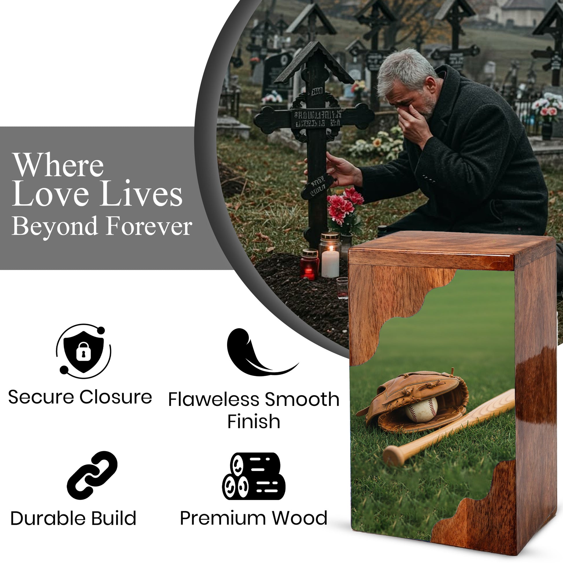 Baseball Legacy Wooden Cremation Urn – Baseball Memorial Wooden Urn for Human Ashes