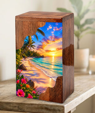 Tropical Beach Wooden Cremation Urn – Sunset Ocean Memorial Urn with Island Paradise Artwork