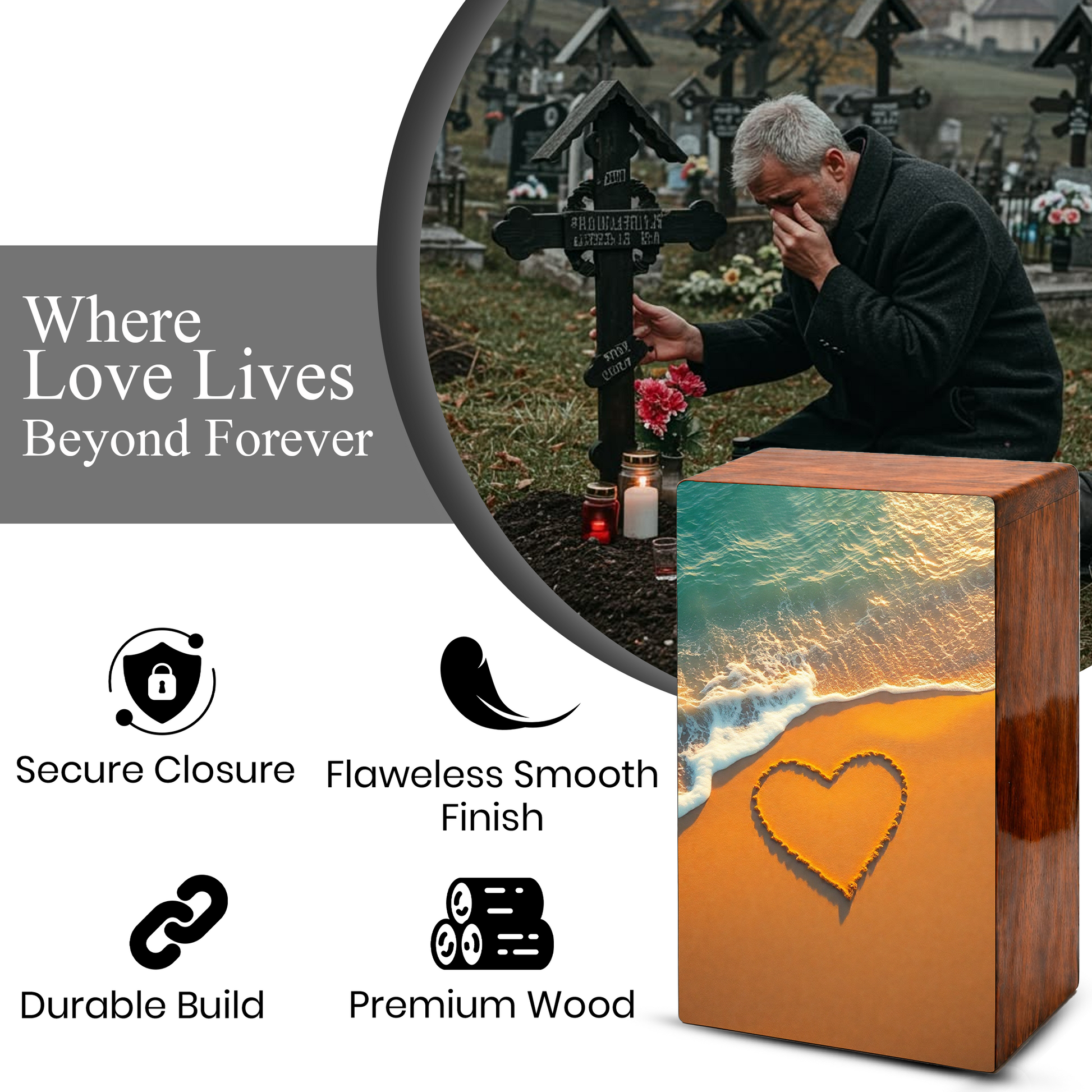 Ocean Beach Urn Wooden – Heart Coastal Memorial Urn for Human Ashes