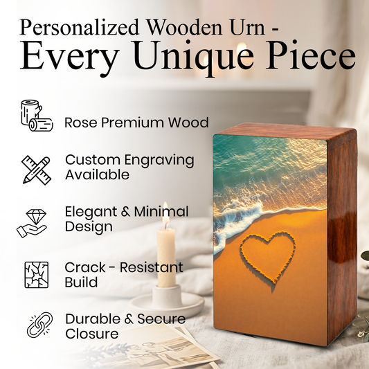 Ocean Beach Urn Wooden – Heart Coastal Memorial Urn for Human Ashes