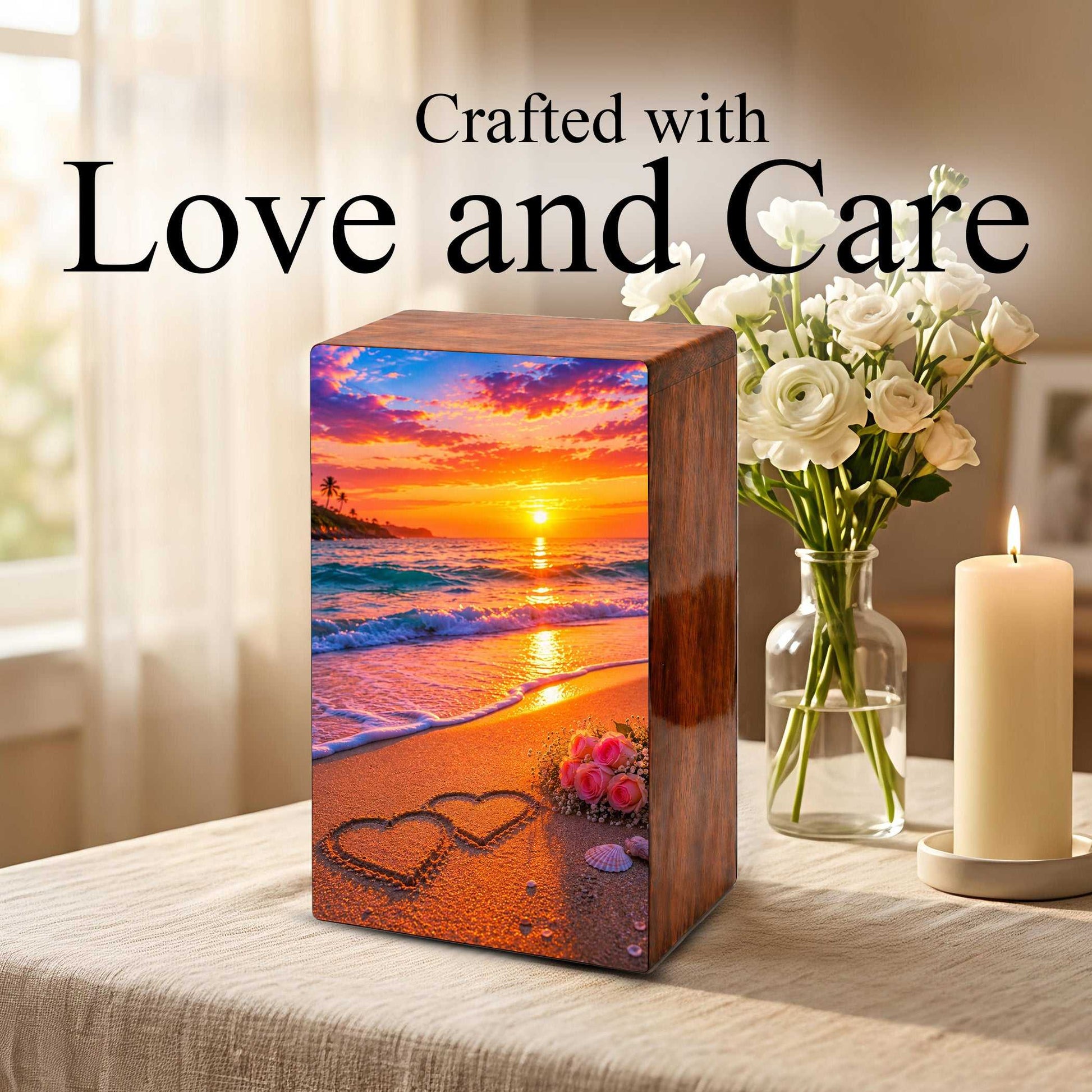 Wooden Beach Urn For Human Ashes – Ocean Heart Cremation Keepsake For Adults