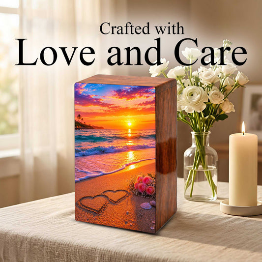 Wooden Beach Urn For Human Ashes – Ocean Heart Cremation Keepsake For Adults