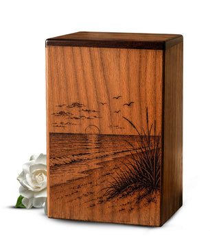 Sunset Beach Wooden Urn For Human Ashes – Custom Engraved Ocean Cremation Urn