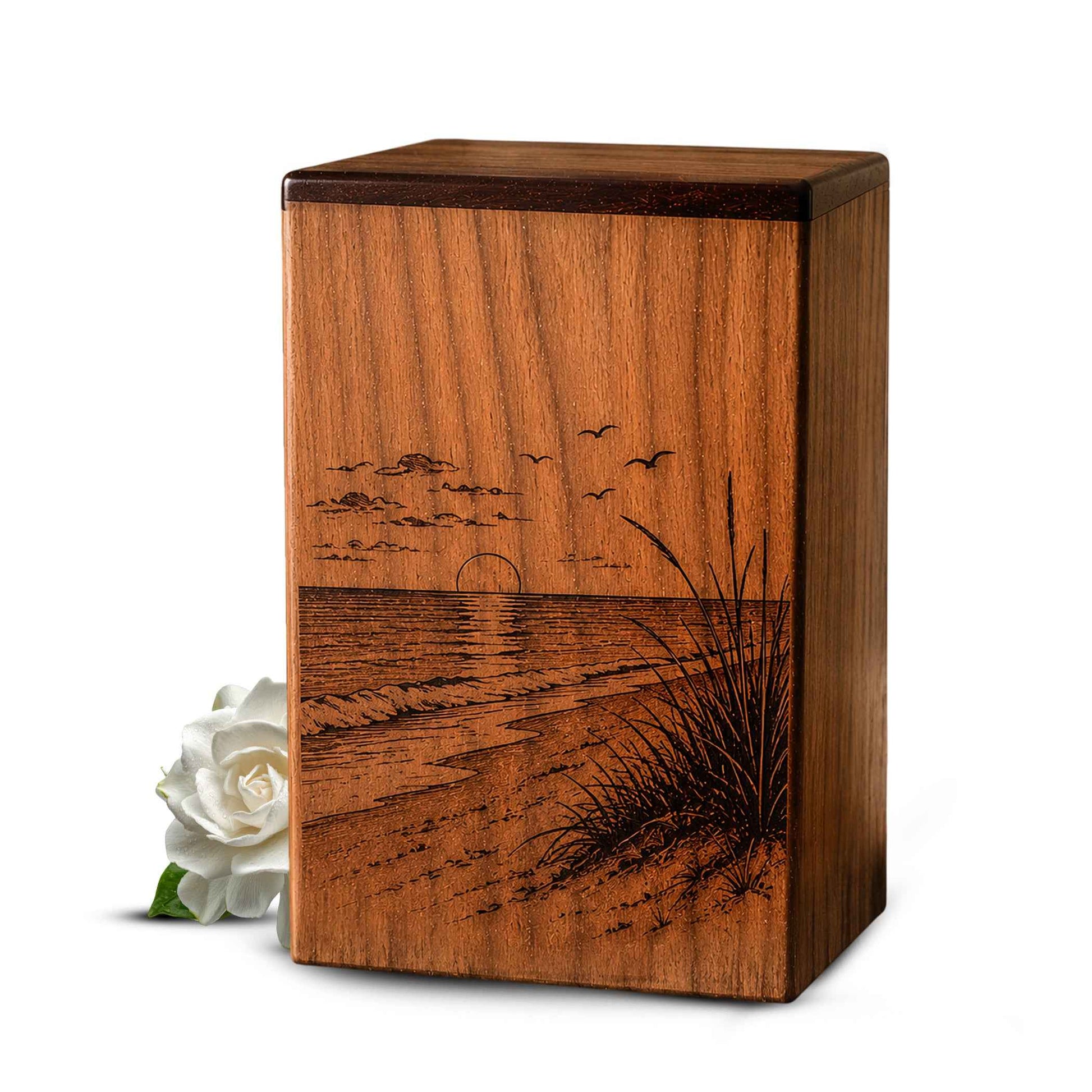 Sunset Beach Wooden Urn For Human Ashes – Custom Engraved Ocean Cremation Urn