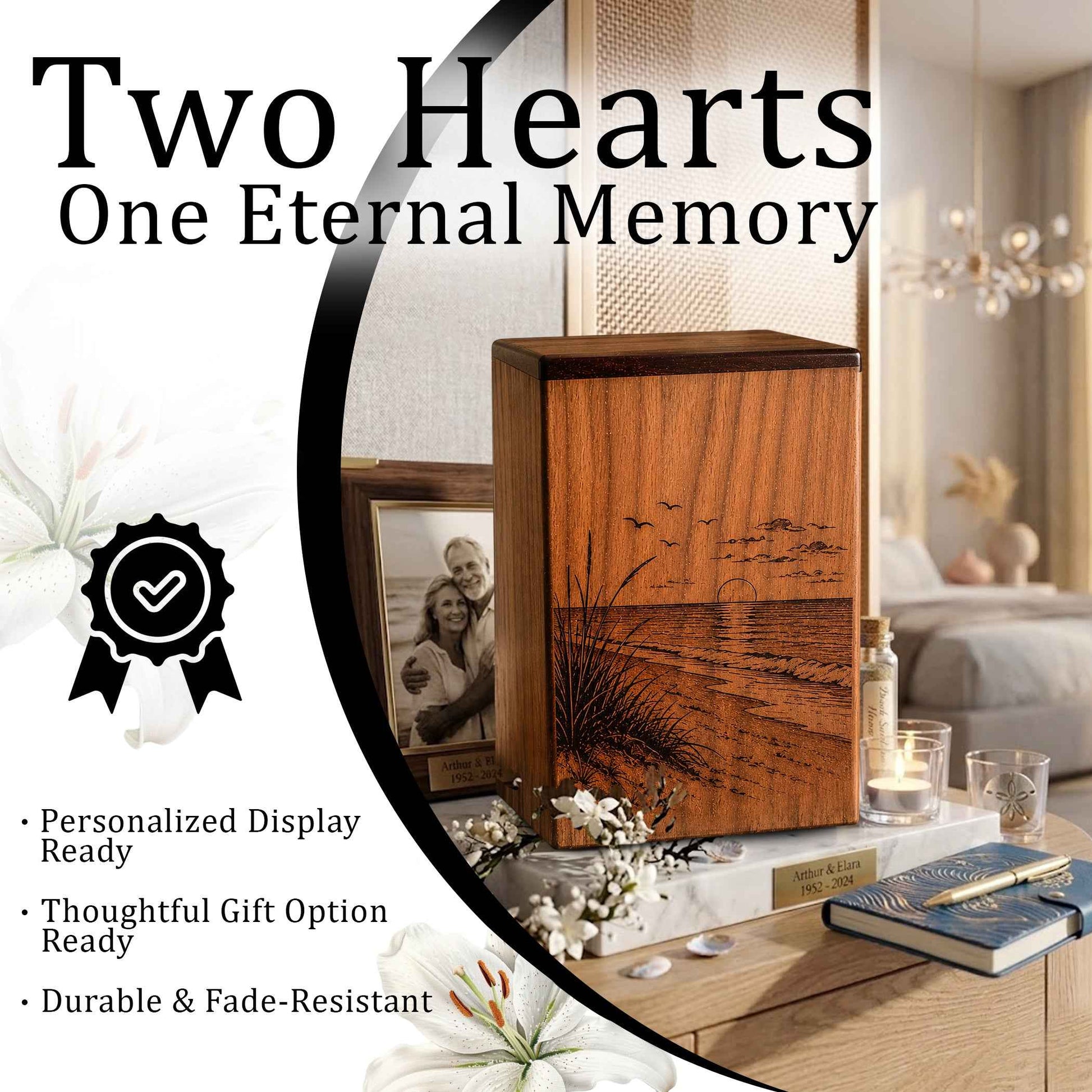 Sunset Beach Wooden Urn For Human Ashes – Custom Engraved Ocean Cremation Urn