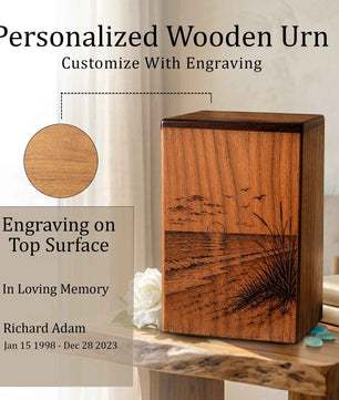 Sunset Beach Wooden Urn For Human Ashes – Custom Engraved Ocean Cremation Urn