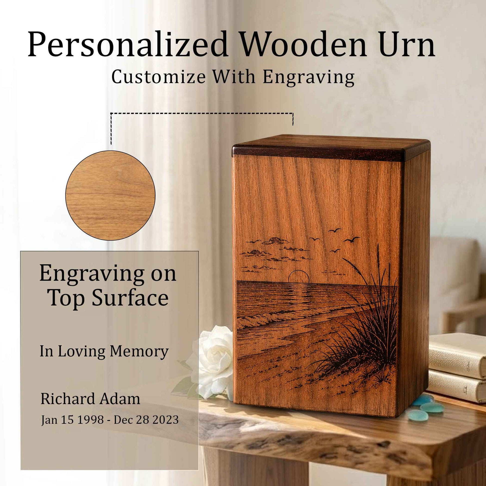 Sunset Beach Wooden Urn For Human Ashes – Custom Engraved Ocean Cremation Urn