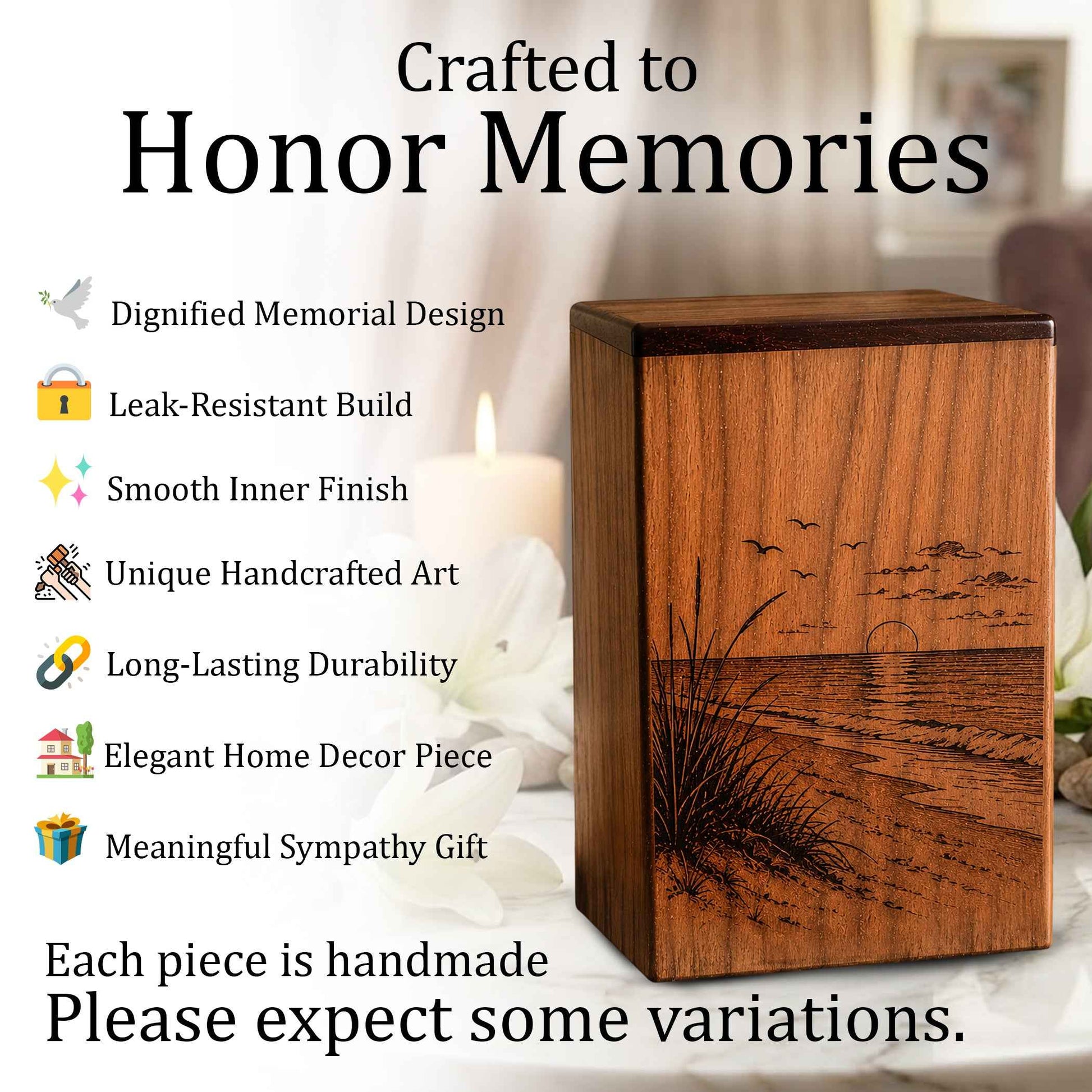 Sunset Beach Wooden Urn For Human Ashes – Custom Engraved Ocean Cremation Urn