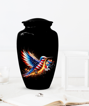 Patriotic Hummingbird Urn for Ashes, American Flag Memorial Urn