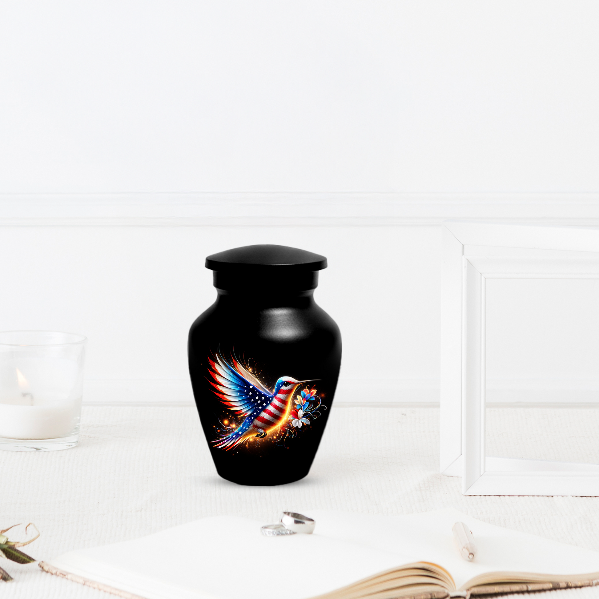 Patriotic Hummingbird Urn for Ashes, American Flag Memorial Urn