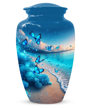 Blue Butterfly Memorial Urn for Ashes -  Ocean Beach Cremation Keepsake for Mom