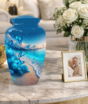 Blue Butterfly Memorial Urn for Ashes -  Ocean Beach Cremation Keepsake for Mom