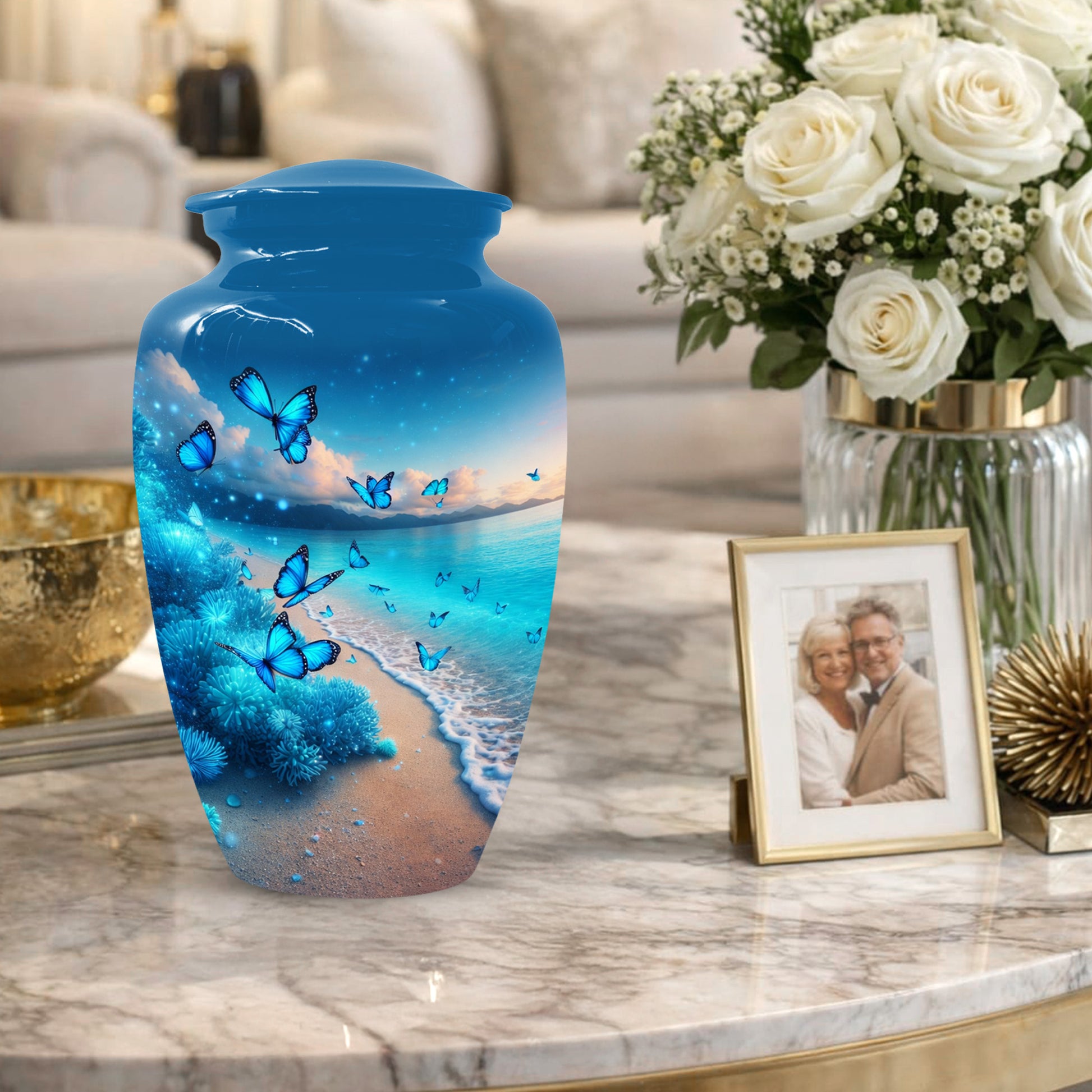 Blue Butterfly Memorial Urn for Ashes -  Ocean Beach Cremation Keepsake for Mom
