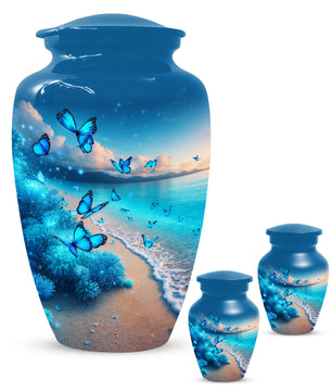 Blue Butterfly Memorial Urn for Ashes -  Ocean Beach Cremation Keepsake for Mom