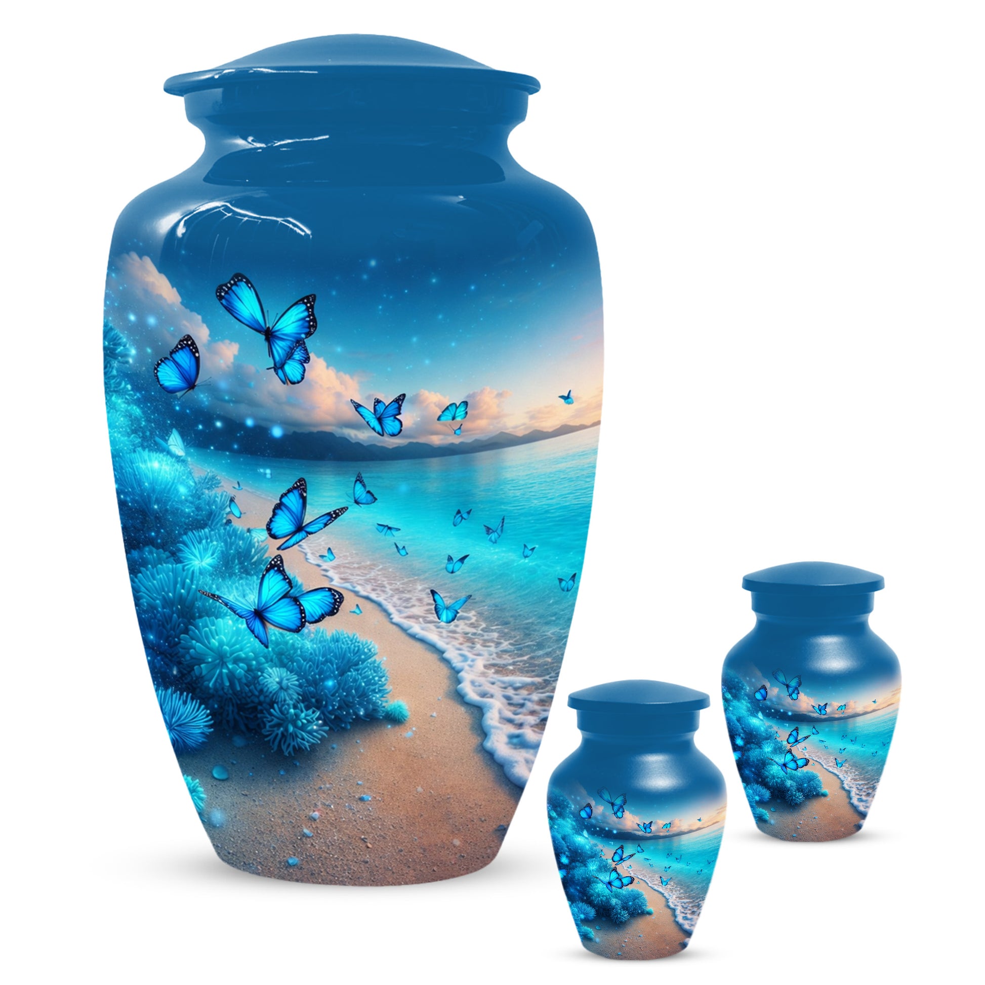 Blue Butterfly Memorial Urn for Ashes -  Ocean Beach Cremation Keepsake for Mom