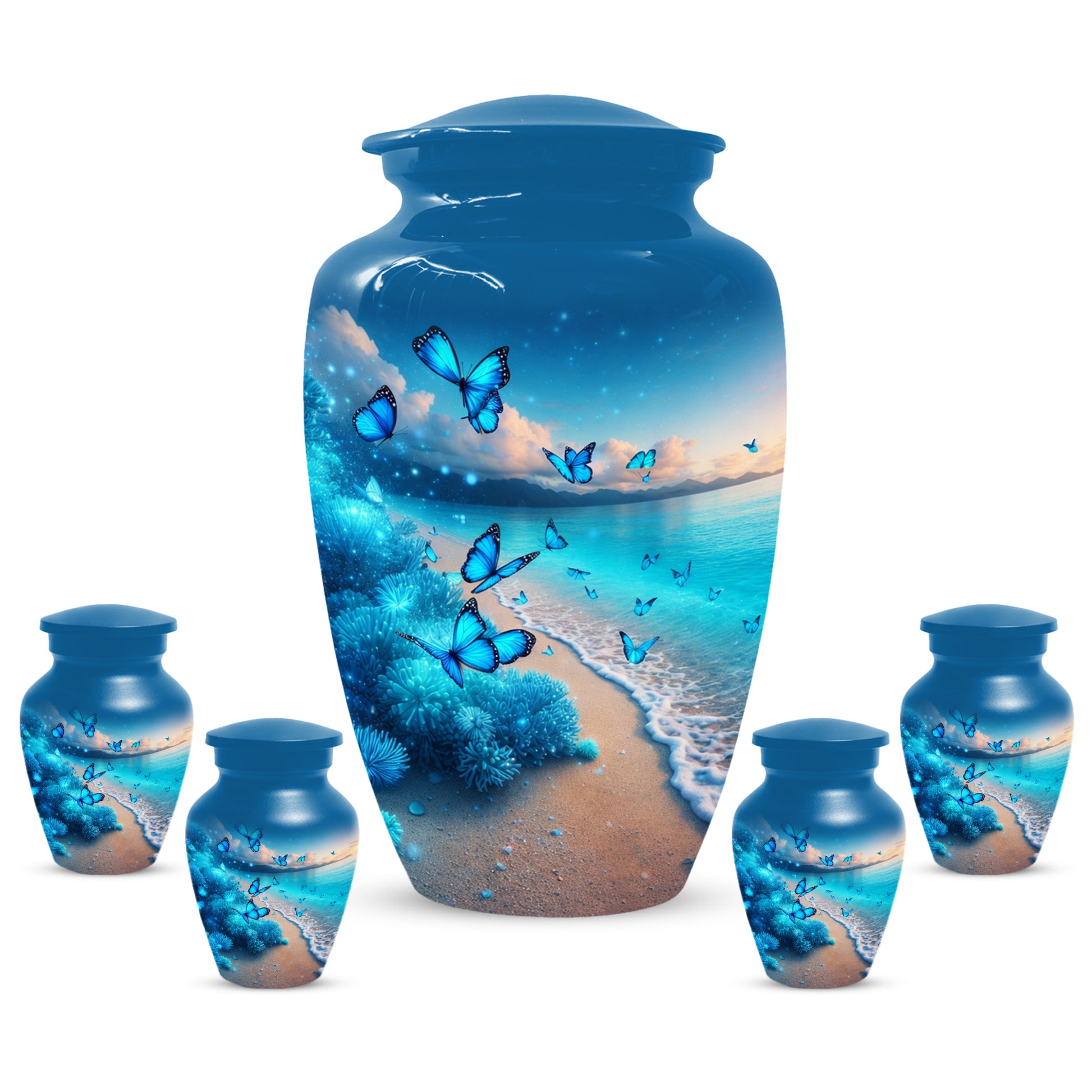 Blue Butterfly Memorial Urn for Ashes -  Ocean Beach Cremation Keepsake for Mom