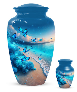 Blue Butterfly Memorial Urn for Ashes -  Ocean Beach Cremation Keepsake for Mom