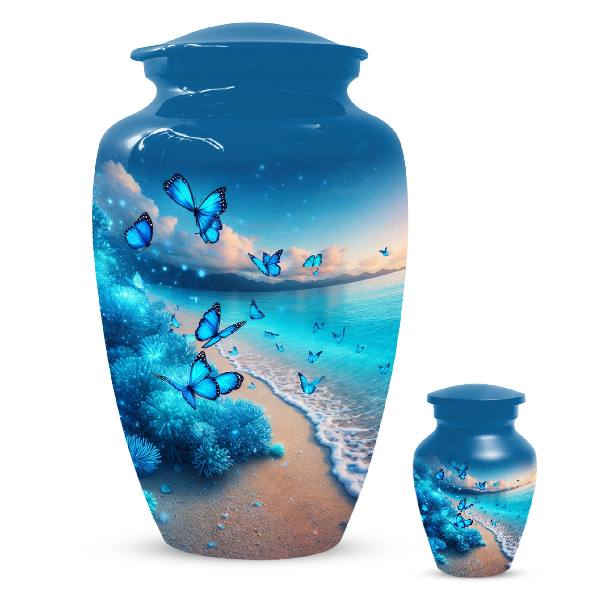Blue Butterfly Memorial Urn for Ashes -  Ocean Beach Cremation Keepsake for Mom