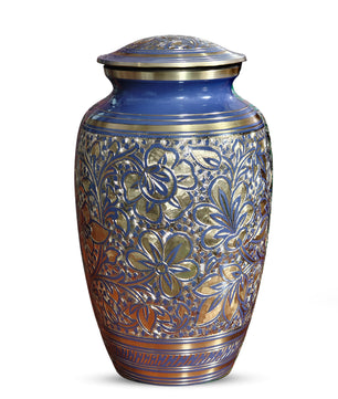 Blue Flower Urn For Human Ashes - Engraved Floral Brass Burial Urns (200 CU)