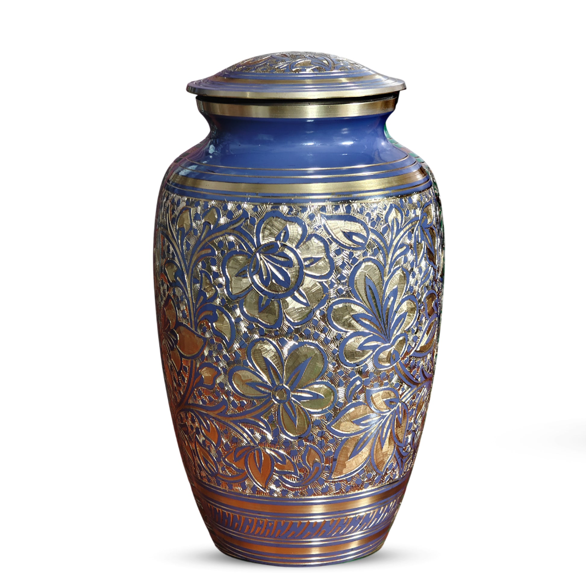Blue Flower Urn For Human Ashes - Engraved Floral Brass Burial Urns (200 CU)