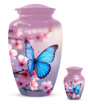 Blue Butterfly Pink Urn for Human Ashes | Elegant Blue Butterfly Pink Cremation Urn for Adult Ashes