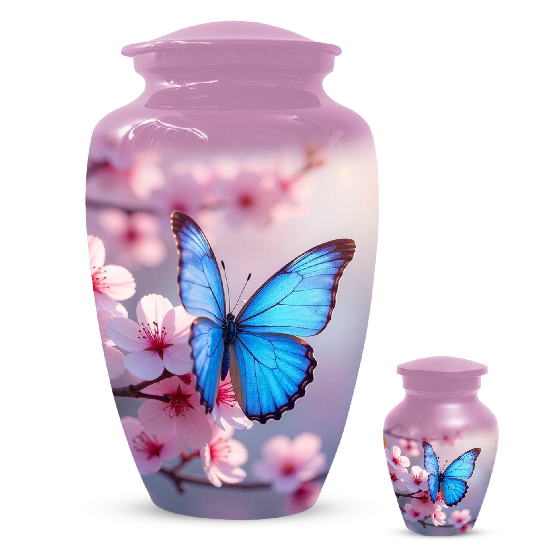 Blue Butterfly Pink Urn for Human Ashes | Elegant Blue Butterfly Pink Cremation Urn for Adult Ashes