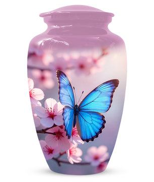 Blue Butterfly Pink Urn for Human Ashes | Elegant Blue Butterfly Pink Cremation Urn for Adult Ashes