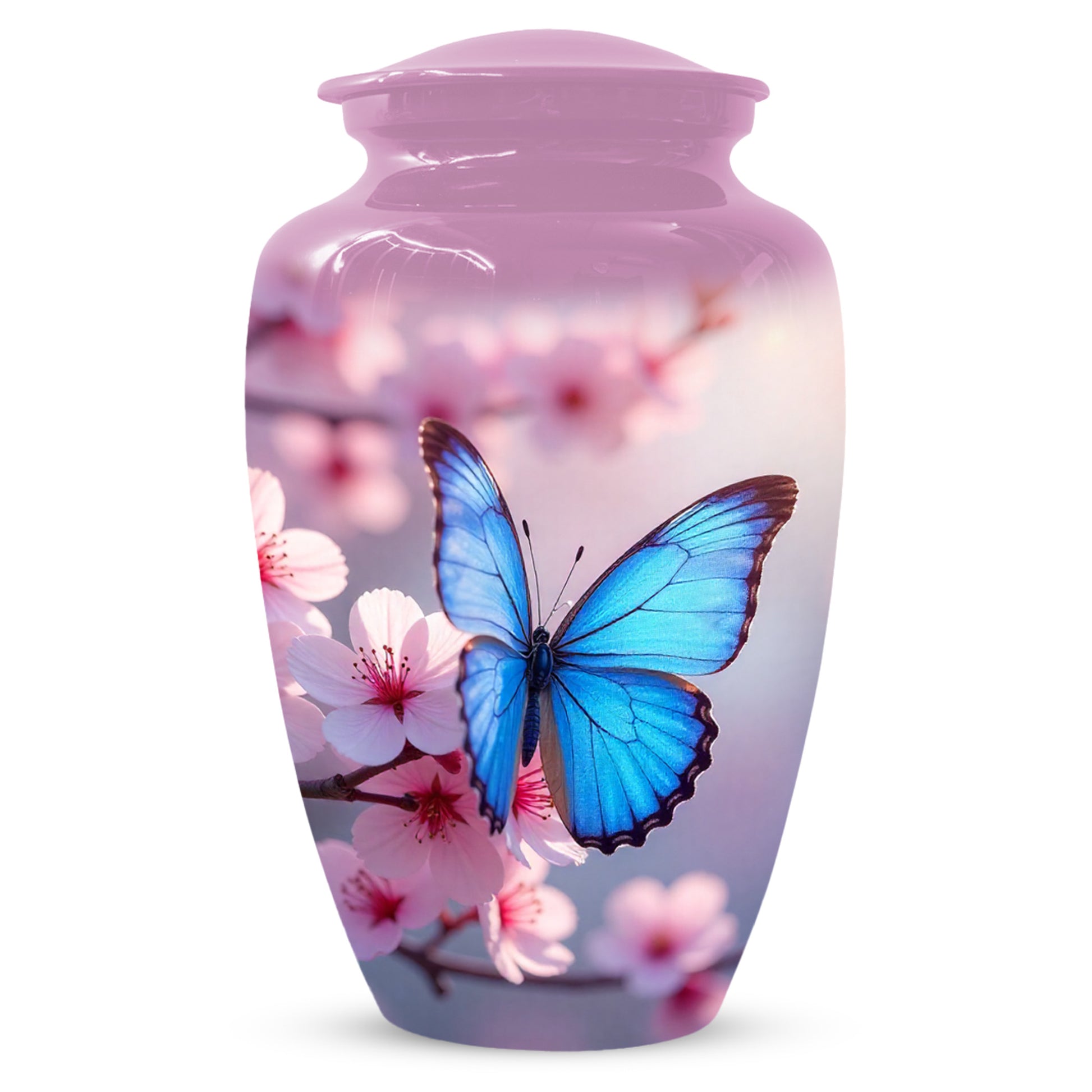 Blue Butterfly Pink Urn for Human Ashes | Elegant Blue Butterfly Pink Cremation Urn for Adult Ashes