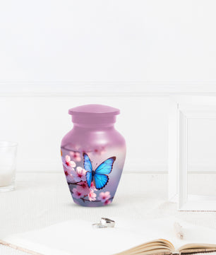Blue Butterfly Pink Urn for Human Ashes | Elegant Blue Butterfly Pink Cremation Urn for Adult Ashes