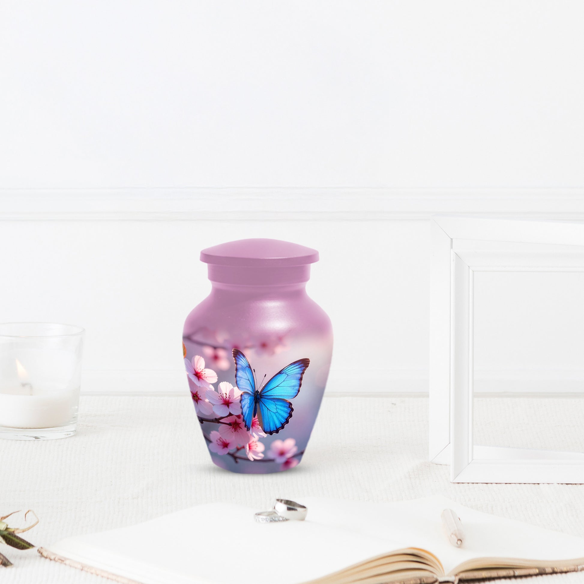 Blue Butterfly Pink Urn for Human Ashes | Elegant Blue Butterfly Pink Cremation Urn for Adult Ashes