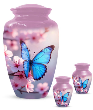 Blue Butterfly Pink Urn for Human Ashes | Elegant Blue Butterfly Pink Cremation Urn for Adult Ashes