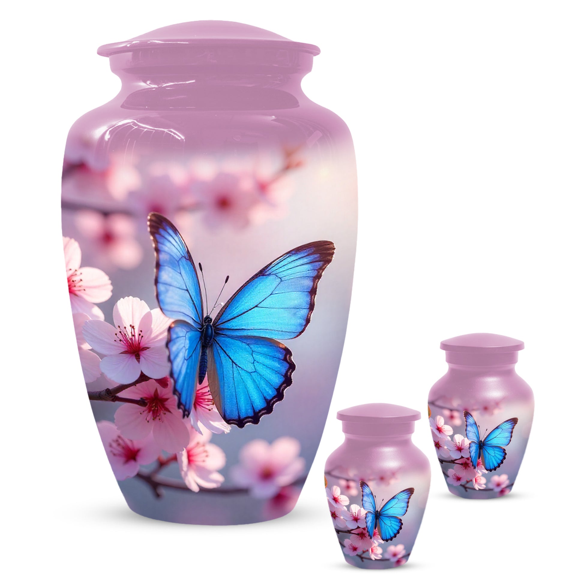 Blue Butterfly Pink Urn for Human Ashes | Elegant Blue Butterfly Pink Cremation Urn for Adult Ashes