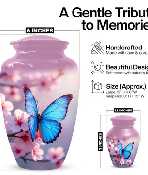 Blue Butterfly Pink Urn for Human Ashes | Elegant Blue Butterfly Pink Cremation Urn for Adult Ashes