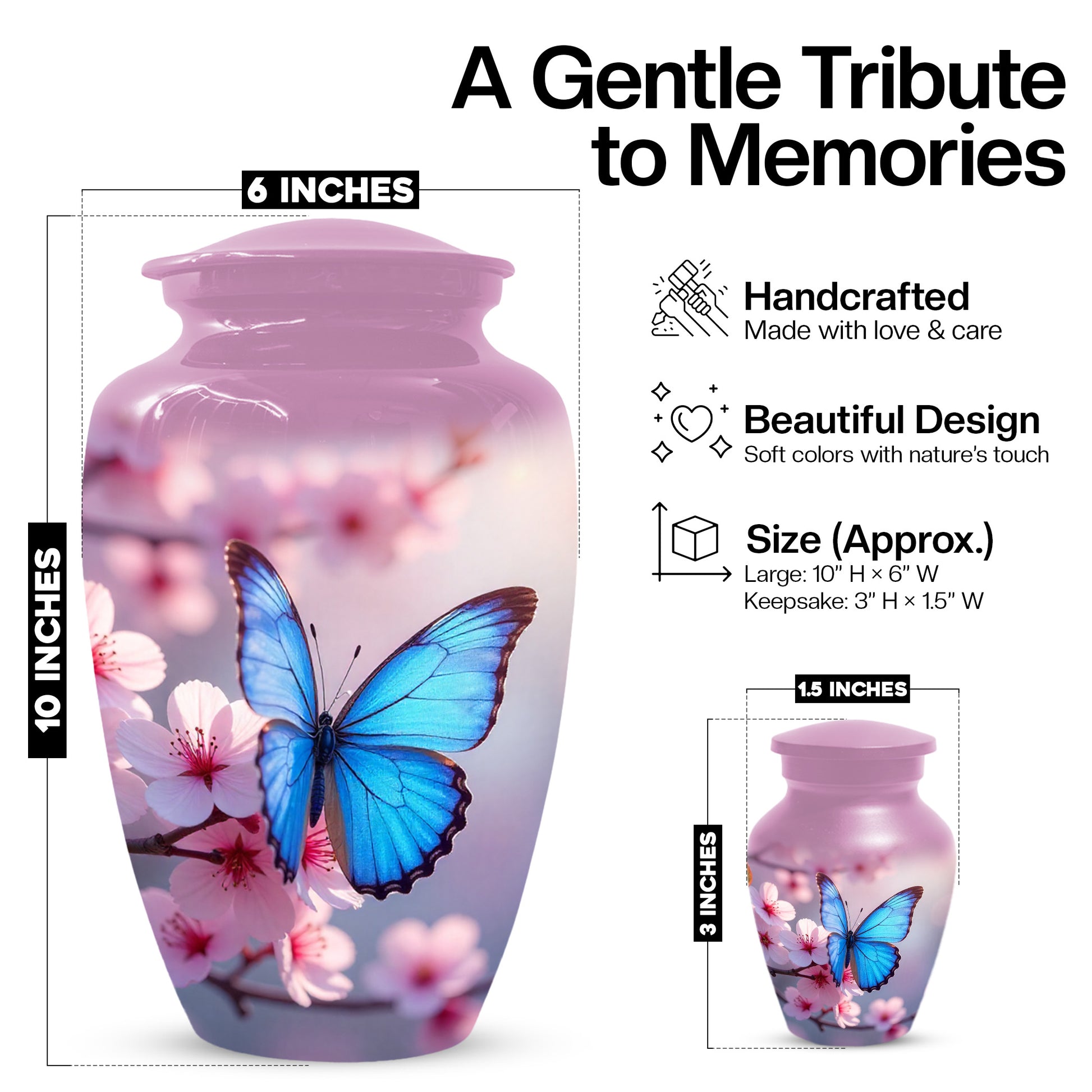Blue Butterfly Pink Urn for Human Ashes | Elegant Blue Butterfly Pink Cremation Urn for Adult Ashes