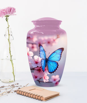 Blue Butterfly Pink Urn for Human Ashes | Elegant Blue Butterfly Pink Cremation Urn for Adult Ashes