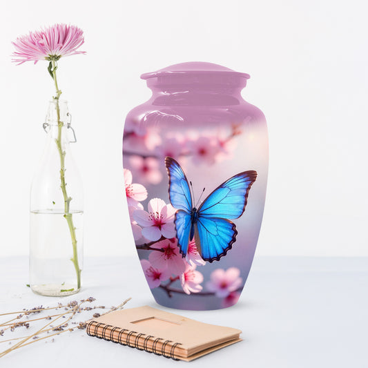 Blue Butterfly Pink Urn for Human Ashes | Elegant Blue Butterfly Pink Cremation Urn for Adult Ashes