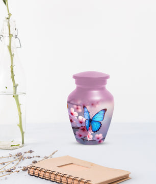 Blue Butterfly Pink Urn for Human Ashes | Elegant Blue Butterfly Pink Cremation Urn for Adult Ashes