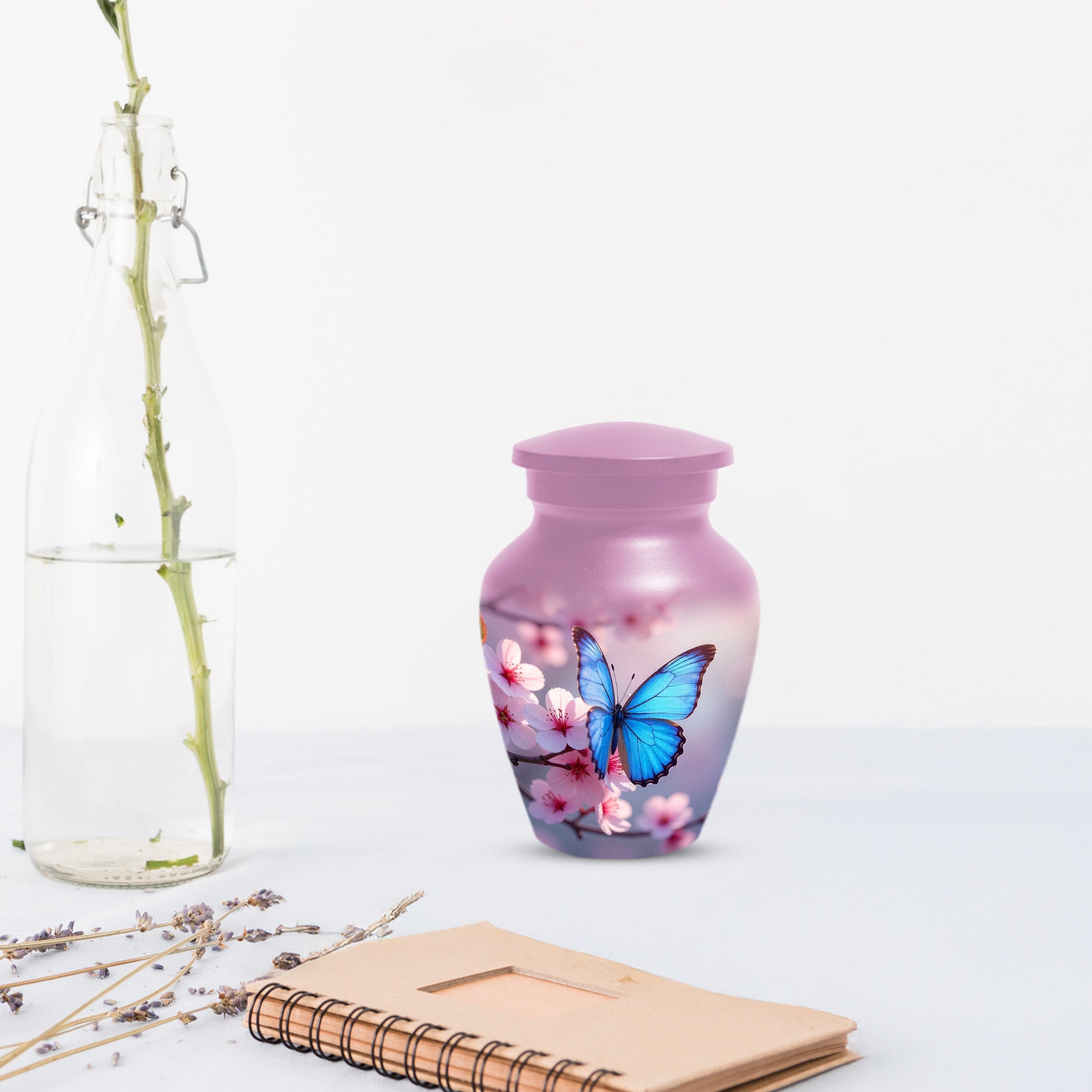 Blue Butterfly Pink Urn for Human Ashes | Elegant Blue Butterfly Pink Cremation Urn for Adult Ashes