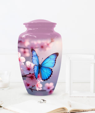 Blue Butterfly Pink Urn for Human Ashes | Elegant Blue Butterfly Pink Cremation Urn for Adult Ashes