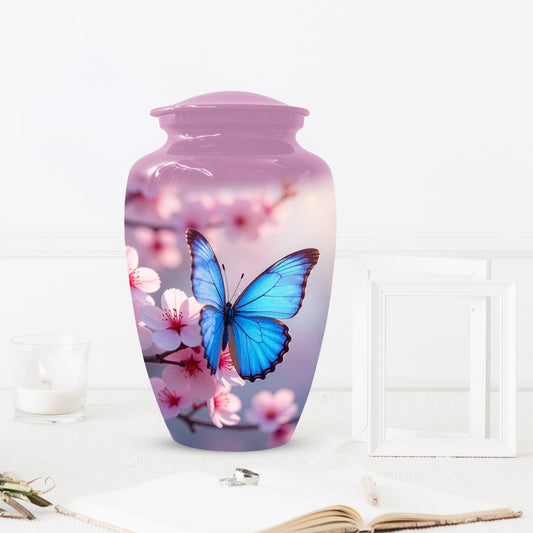 Blue Butterfly Pink Urn for Human Ashes | Elegant Blue Butterfly Pink Cremation Urn for Adult Ashes