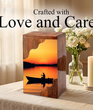 Sunset Lake Fishing Wooden Cremation Urn – Fishing in Heaven Memorial Wooden Urn for Human Ashes