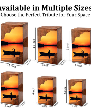 Sunset Lake Fishing Wooden Cremation Urn – Fishing in Heaven Memorial Wooden Urn for Human Ashes