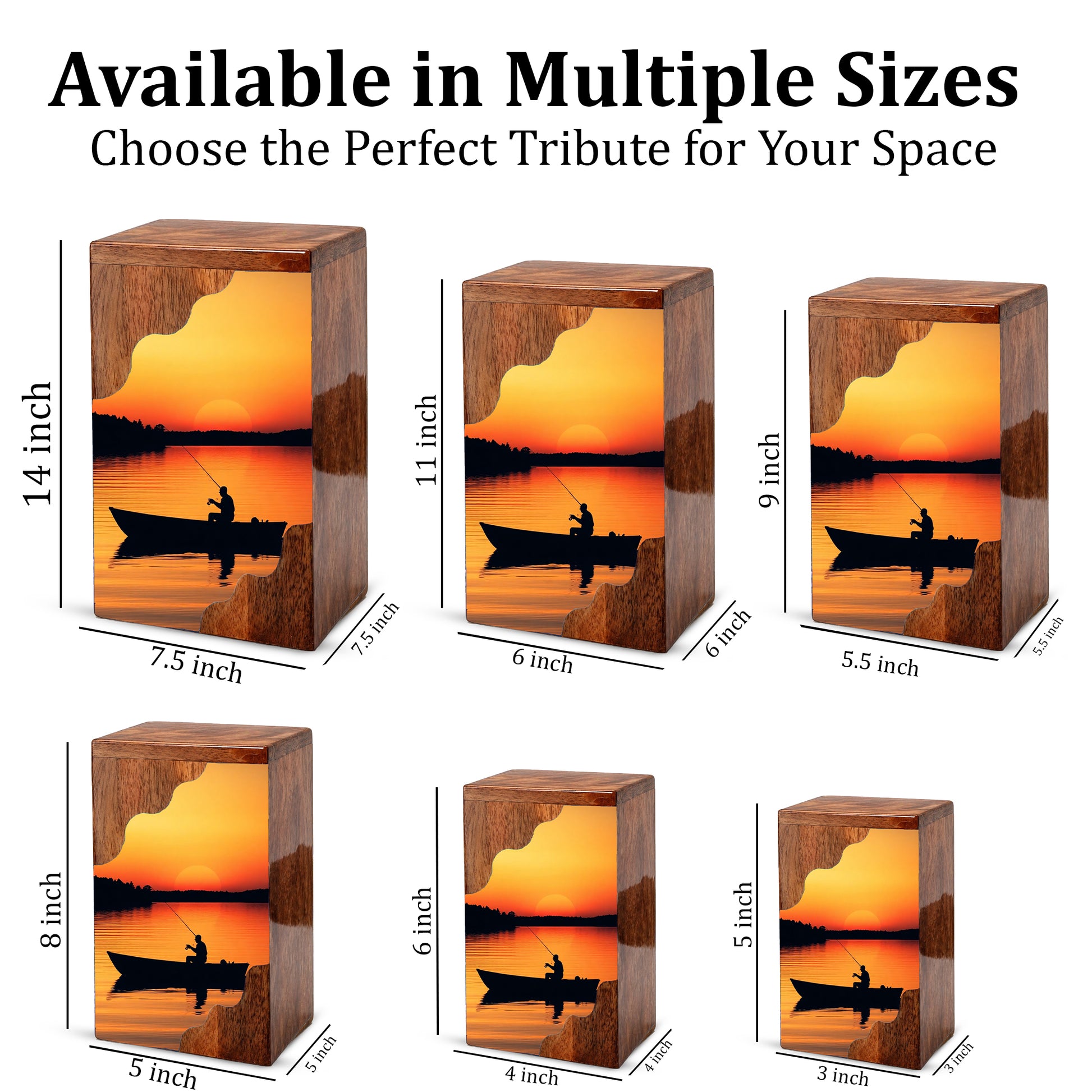 Sunset Lake Fishing Wooden Cremation Urn – Fishing in Heaven Memorial Wooden Urn for Human Ashes