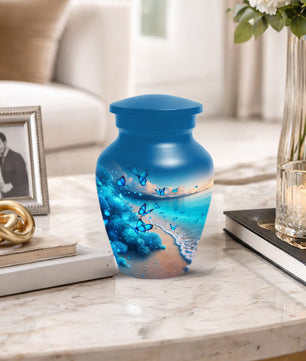 Blue Butterfly Memorial Urn for Ashes -  Ocean Beach Cremation Keepsake for Mom