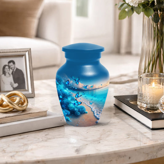 Blue Butterfly Memorial Urn for Ashes -  Ocean Beach Cremation Keepsake for Mom